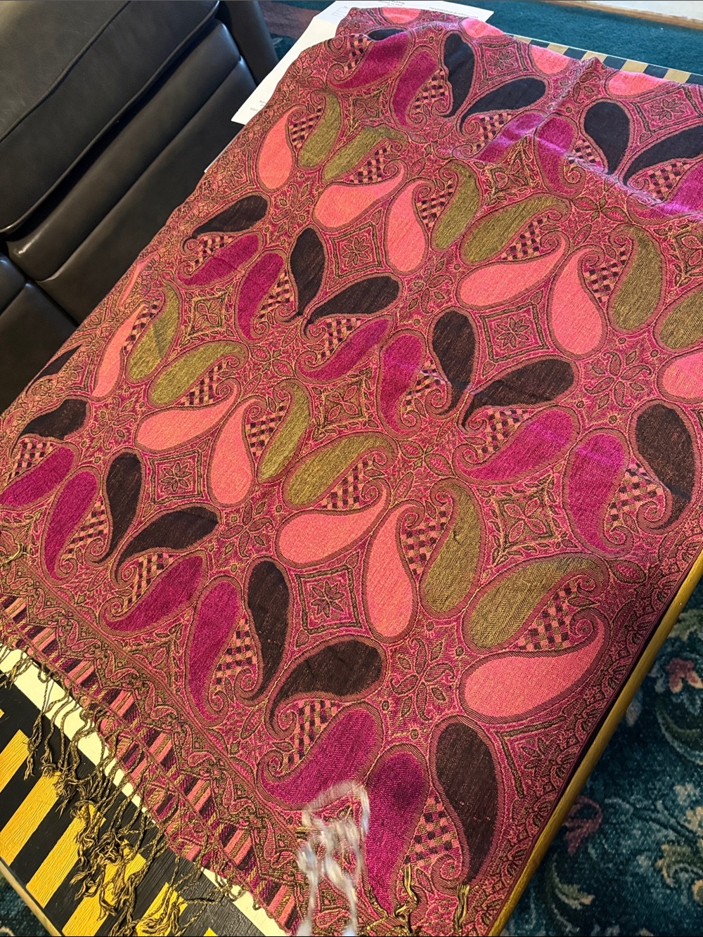 Paisley Fringe Pashmina Shawl in Pink, Magenta & Olive